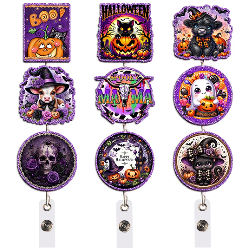 Kawaii Halloween Badge Reel Retractable ID Holder Pumpkin Witch Hat Skull Purple Green Gift for Teacher Office Work Party Crew