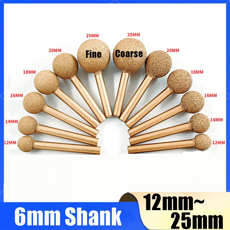 1Pc 6mm Shank 12/14/16/18/20/25mm Ball Brazed Diamond Grinding Jade Peeling Stone Carving Grinding Head For Polishing Metal Wood