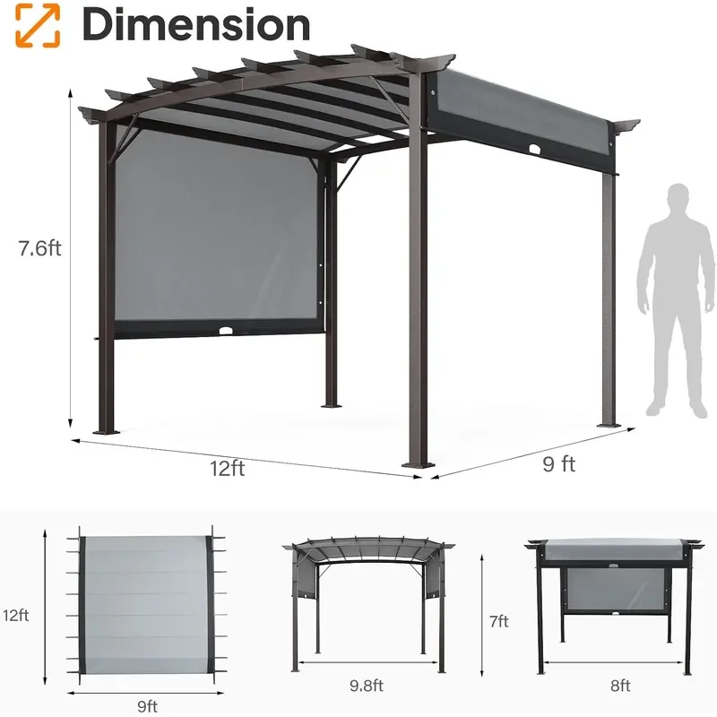 9x 12 Outdoor Retractable Pergola Canopy with Adjustable Sun Shade for Deck Patio Metal Pergola for Porch Garden Yard