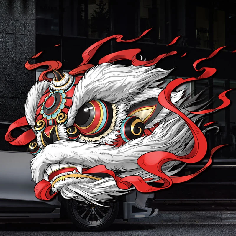 Noizzy Festive Lion Dance Head Car Sticker Charm Auto Door Window Decal JDM Flame Vinyl Reflectiv Moped Bike Styling Accessories