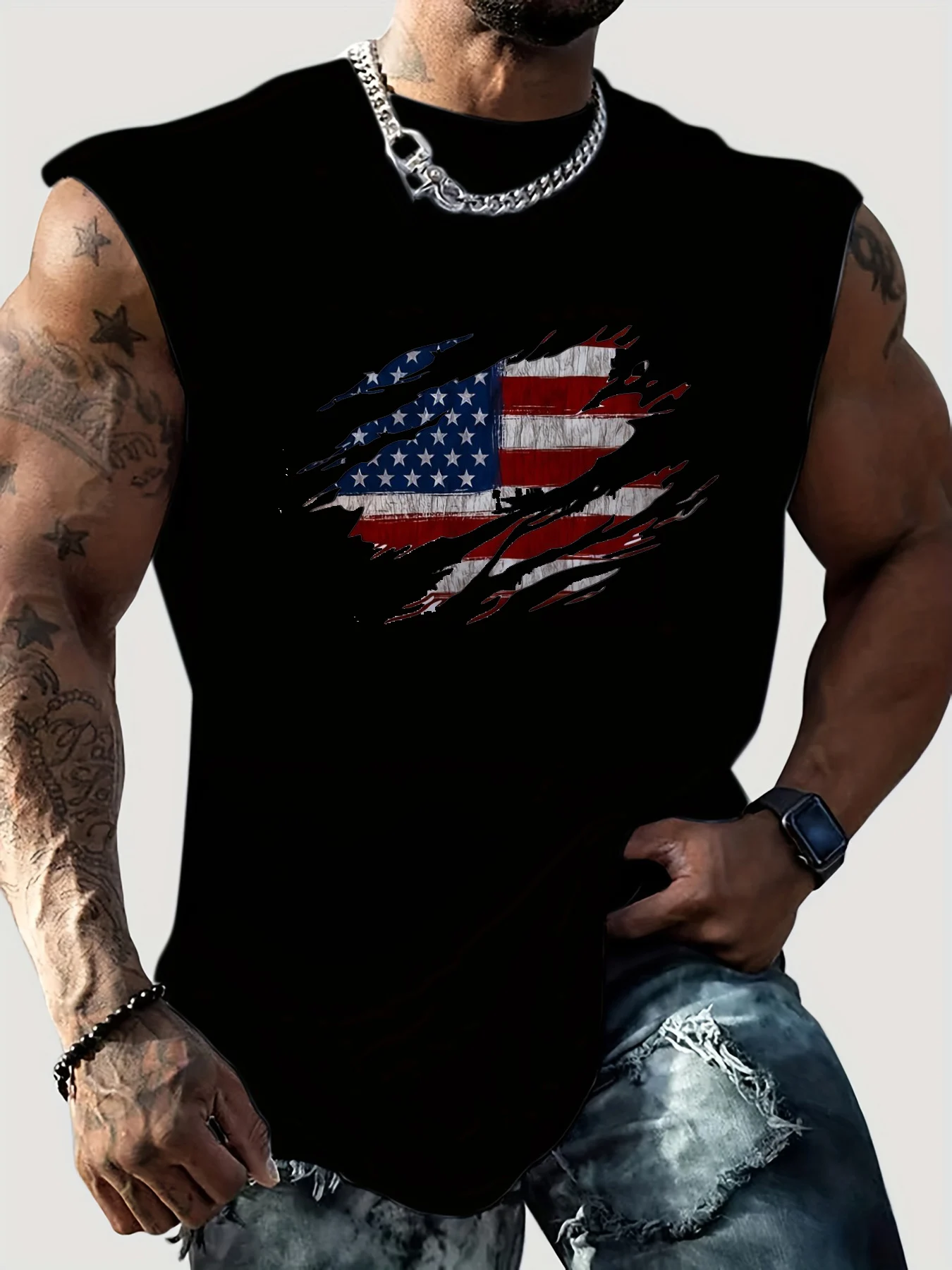 Men's Summer Leisure Sports Fitness Loose American Flag Pattern Printed Comfortable Breathable Round Neck Sleeveless Tank Top