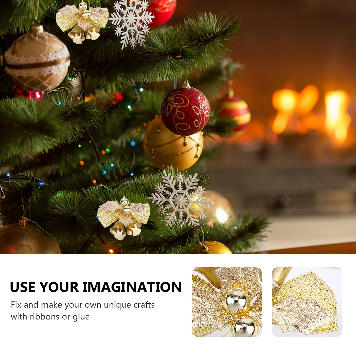 

6 Pcs Christmas Bow Tree Decorations Garlands Bows Golden Fabric Bell Child Gift