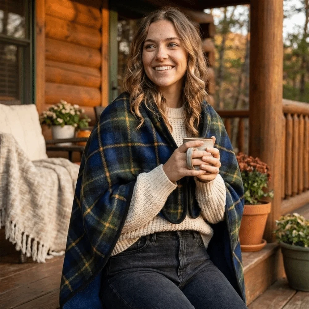 Flannel Material Wearable Blanket Button Closure Plaid Pattern Shawl Blanket Lightweight Soft Texture Throw Blanket Napping Time
