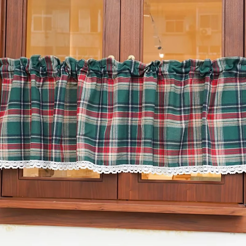 Rod Pocket American Plaid Half Curtain Retro Red/Green Plaid Short Curtain Kitchen Balcony