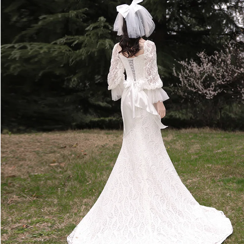 Korea Mermaid Wedding Dress Vintage Elegant Lace Wedding Gowns Stunning Sweetheart Satin Bow Formal Dress