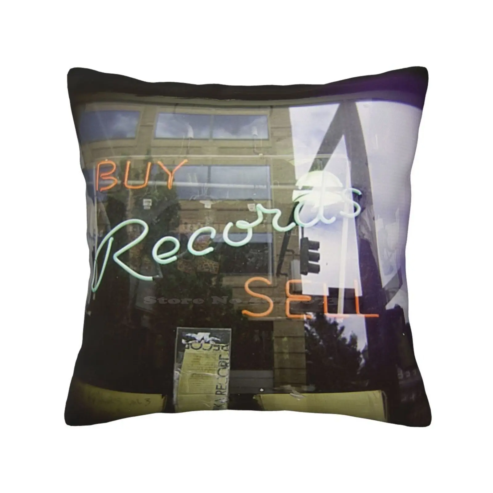 Never Cool Enough To Work At A Record Store Funny Cute Decor Square Pillowcase Film Cool Neon Portland Analog City Urban Sign