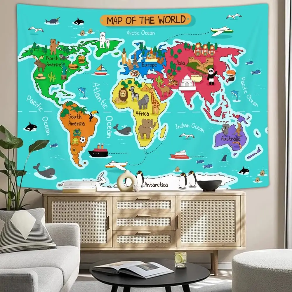 Cartoon World Map Tapestry Animal Landmark Educational Geography Wall Art for Kids Room Classroom Dorm Decor