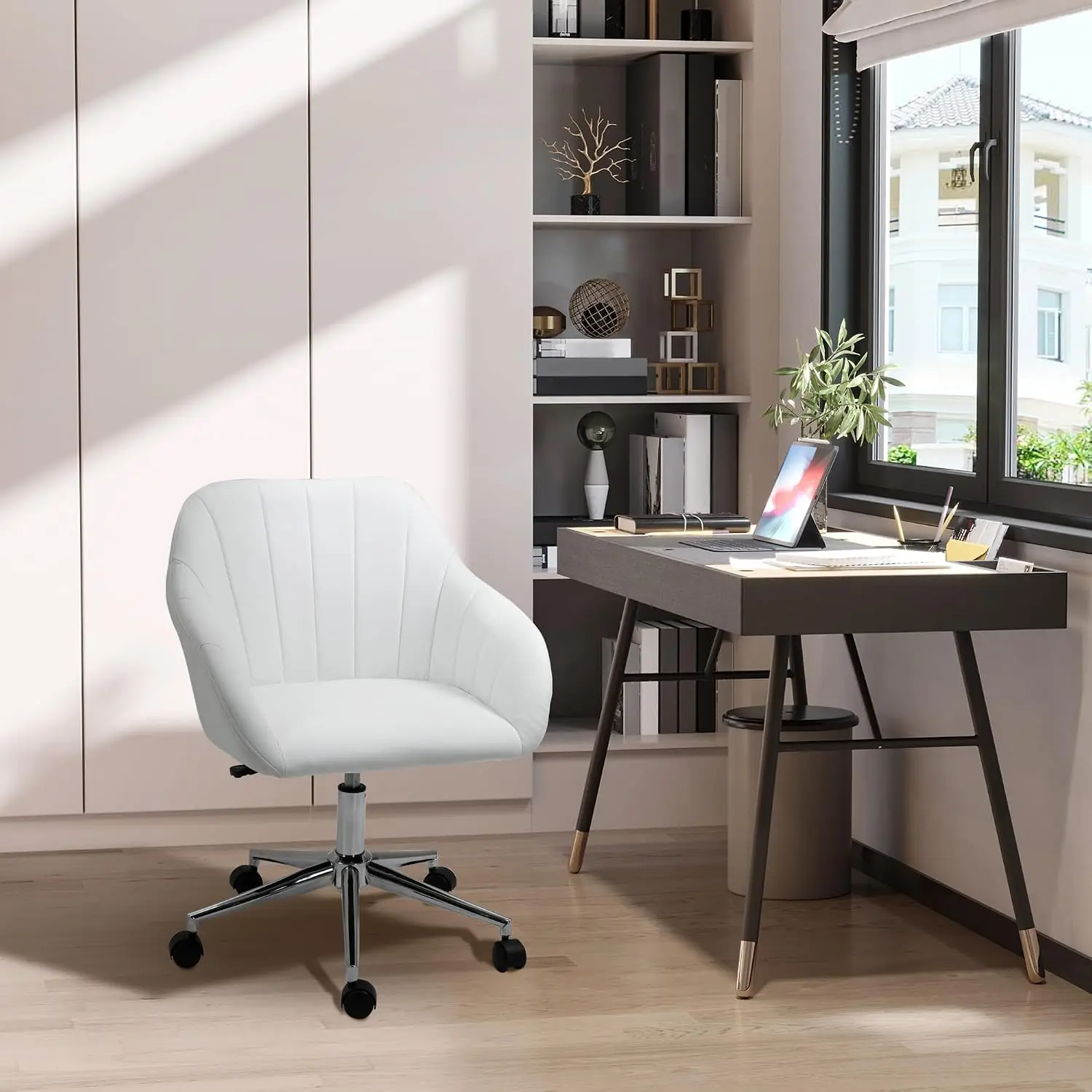 Mid Back Home Office Chair White PU Leather Desk Chair Wheels, Customized