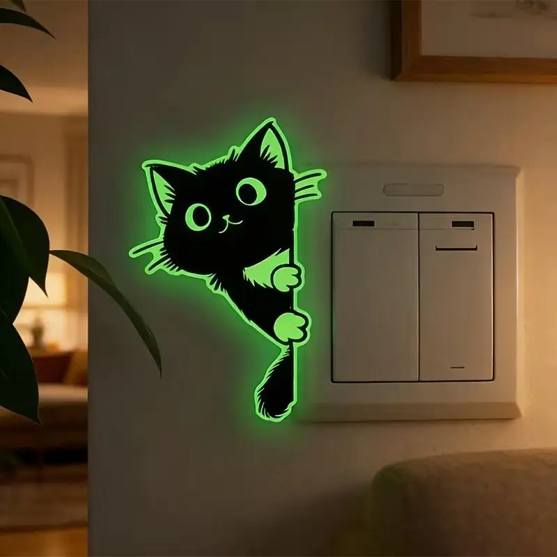 Sweet Self-Adhesive Luminous Cat Wall Decals PVC Cute Glowing Cat Stickers Home Decor Funny Cat Switch Stickers Dorm Room
