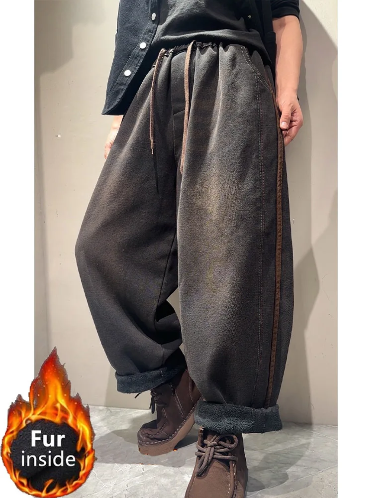 Amax LuluE 2025 الشتاء الكلاسيكية خمر الفراء الدنيم السراويل النساء الصلبة فضفاض جينز غير رسمي السيدات موضة رشاقته الدافئة الحريم بنطلون