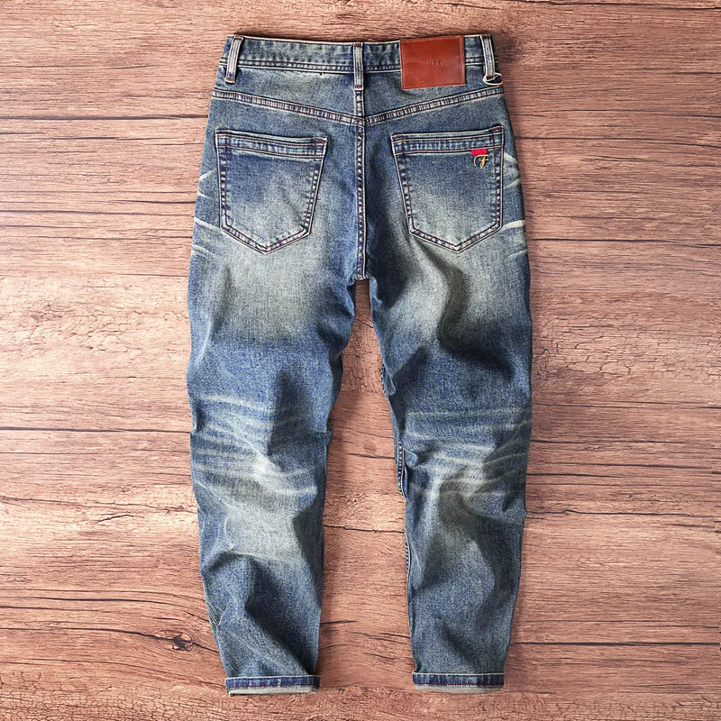 트렌디한 브랜드 고급 남성 데님 팬츠, 견고하고 멋스럽고, 향수와 트렌디함, 다재다능하고 슬림핏, 작은 다리 바지