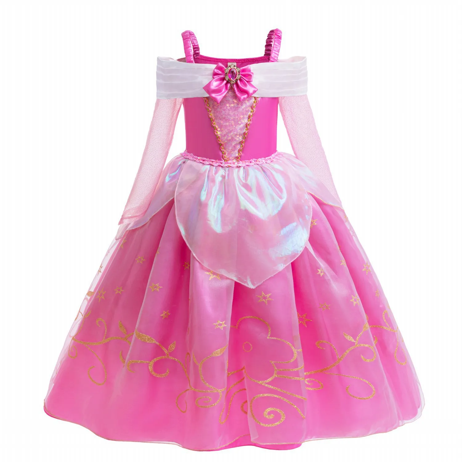 Girls Pink Off Shoulder Princess Dress Aurora Costume Bow With Ruby Inlaid Ball Gown Halloween Sleeping Beauty Role Play Apparel view 2