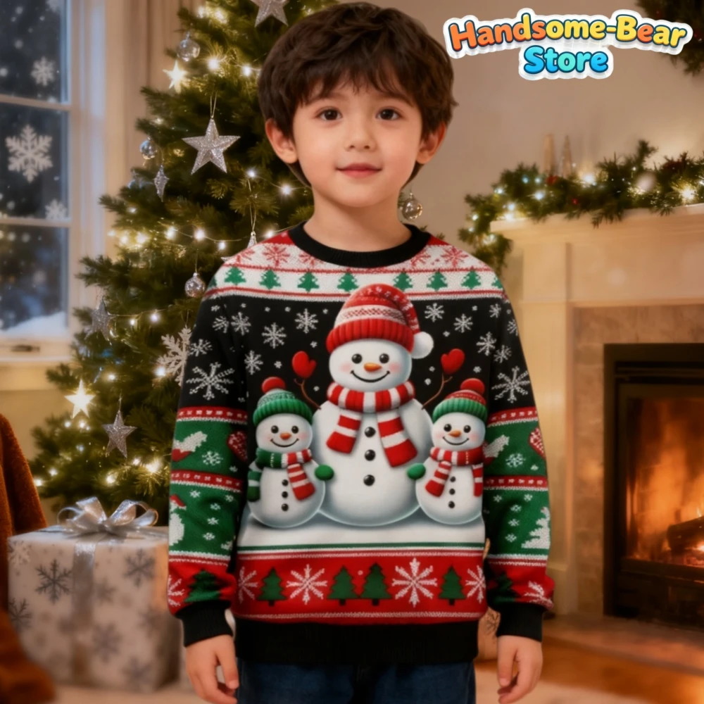 Boys Girls Xmas Sweatshirt Christmas Snowman Santa 3D Printed Ugly Christmas Hoodies Unisex Pullover Holiday Party Kids Clothes
