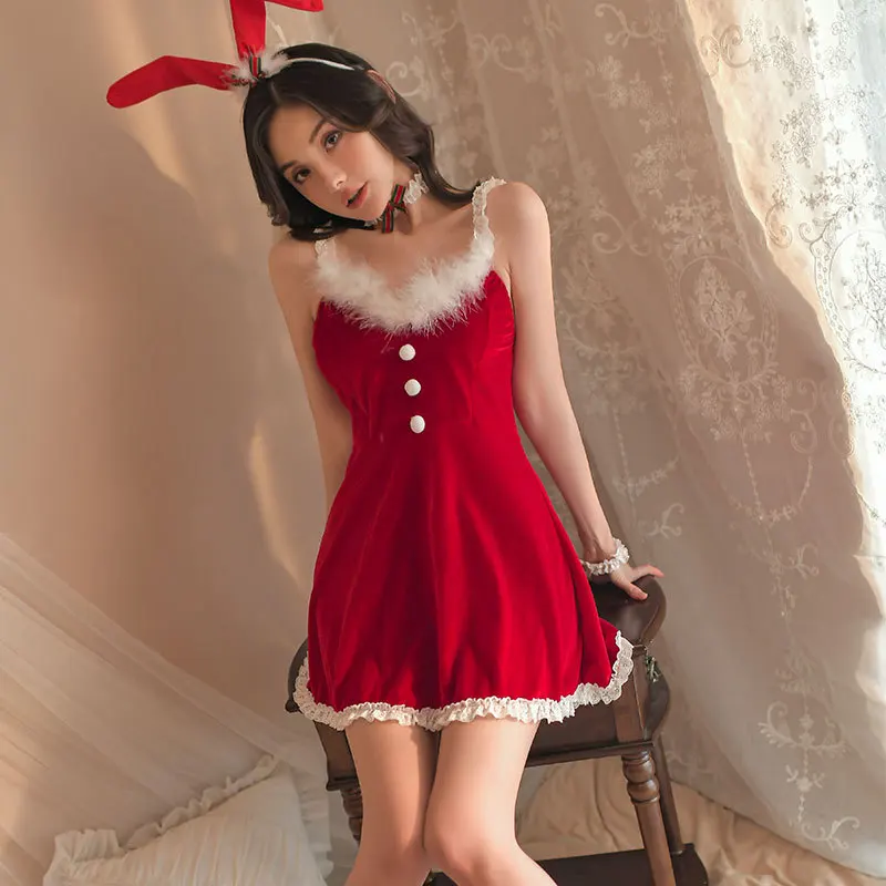 

New Christmas outfit low cut backless Christmas uniform set A-line skirt role-playing home suspender nightgown