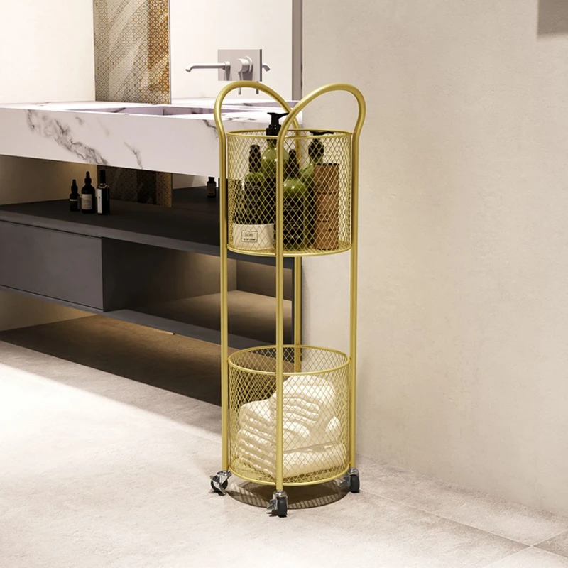 

Nordic Bathroom Storage Trolley Floor-Standing Iron Art Cart with Wheels Light Luxury Gold Organizer for Living Room