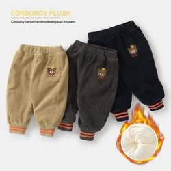 1pcs Boys Girls Winter Velvet Corduroy Kid Pants Little Bear Cartoon Mid Waist Warm Pantalone Baggy Thick Plush Children Trouser