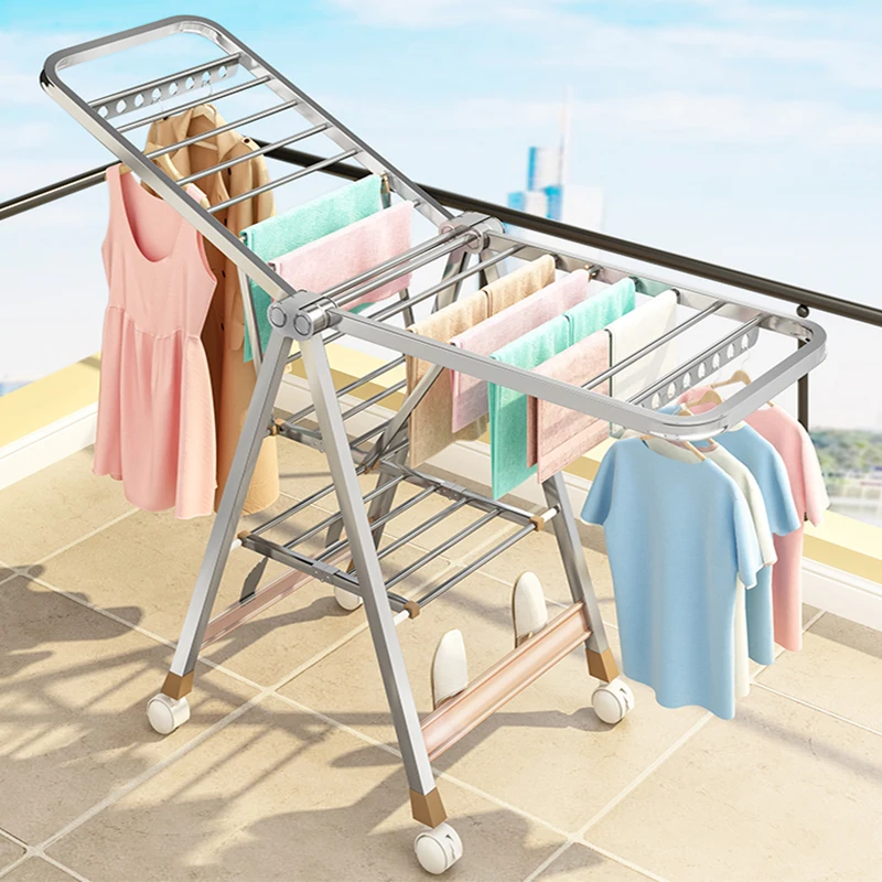 Stainless steel drying rack floor-to-ceiling folding bedroom balcony cooling hanger household baby drying rack quilt artifact