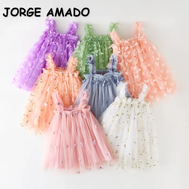 New Summer Kids Girl Dress Embroidered Butterfly Appliques Sling Sleeveless Skirt Sweet Princess Mesh Fluffy Beach Clothes H2530