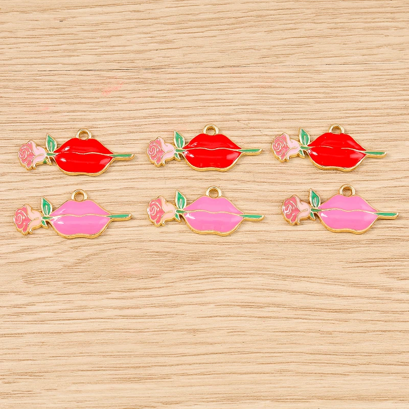 Tusember 10 Stück Mix Niedliche Kuss-Rosenblüten Rote Lippen Lippenstift-Anhänger für Schmuckherstellung Halsketten Ohrringe Armbänder DIY – Detail 7