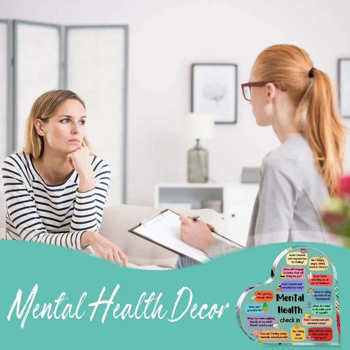 Color Cartoon Mental Health Check List Heart Acrylic Plaque Therapy Counseling Room Decor