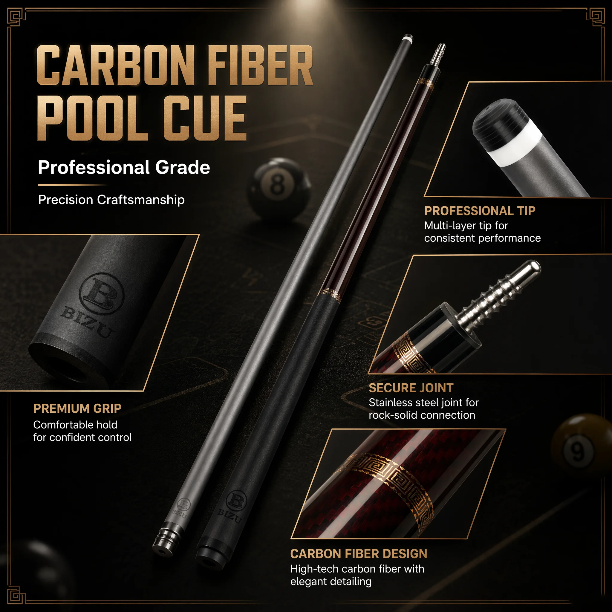 MARS Impact Carbon Fiber Pool Cue Brilliant Star Green/Brilliant Star/Brilliant Star Red Billiard Stick with Free Triangle Case