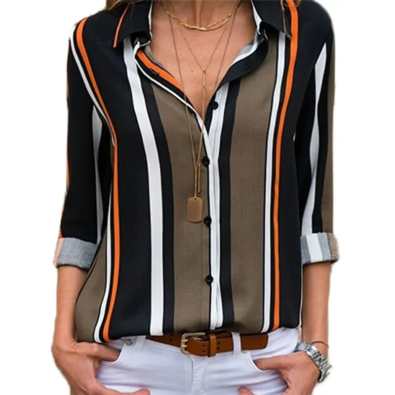 

Hot sale Women blouse Casual Cuff Long Sleeve V-neck Button Up Striped Summer Novelty Women Blouse Tops dropshipping -CH38