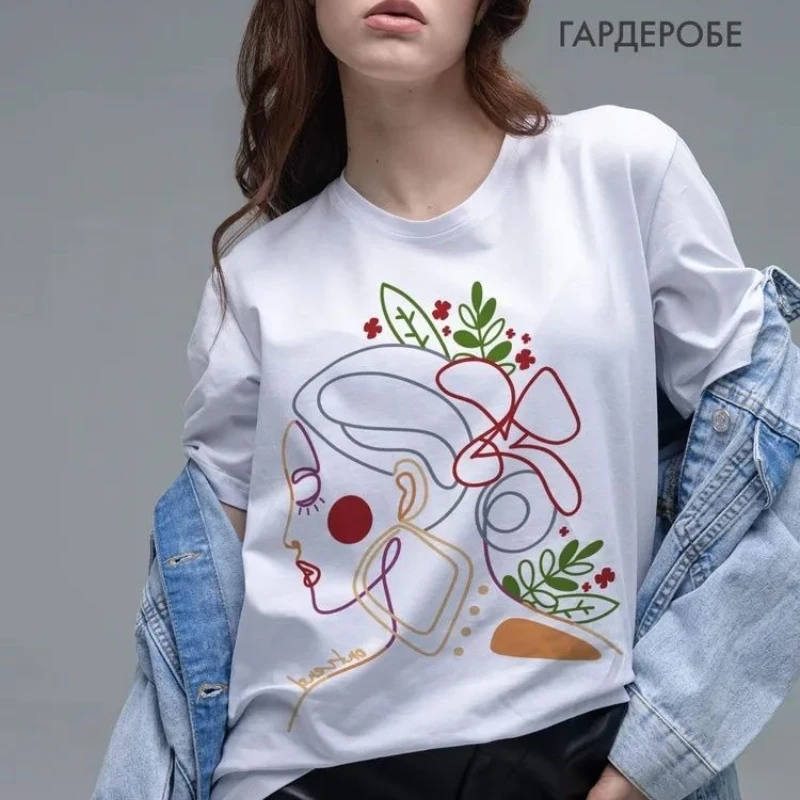 Abstract Line Art Woman Face & Floral Print T-Shirt | 100% Cotton Crew Neck Short Sleeve Tee | Boho Botanical Art Aesthetic Top