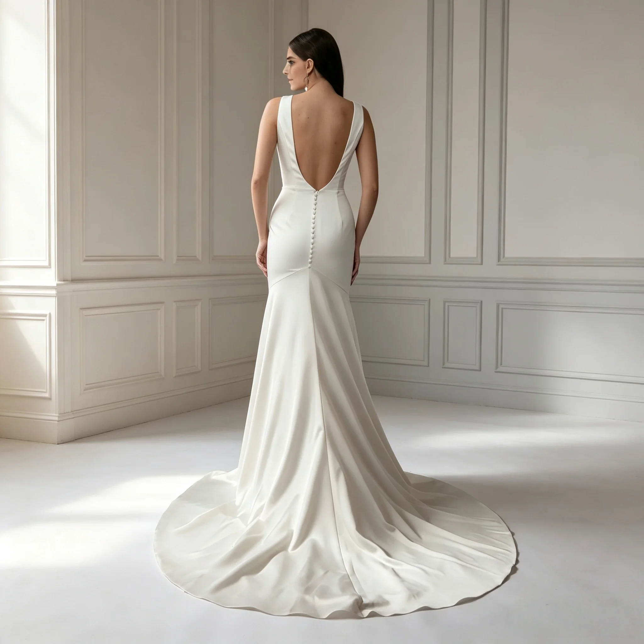 Wide Strap Deep V Satin Mermaid Wedding Dress Open Back Covered Button Slit Bridal Gown Elopement Civil Ceremony Cheap Customiza