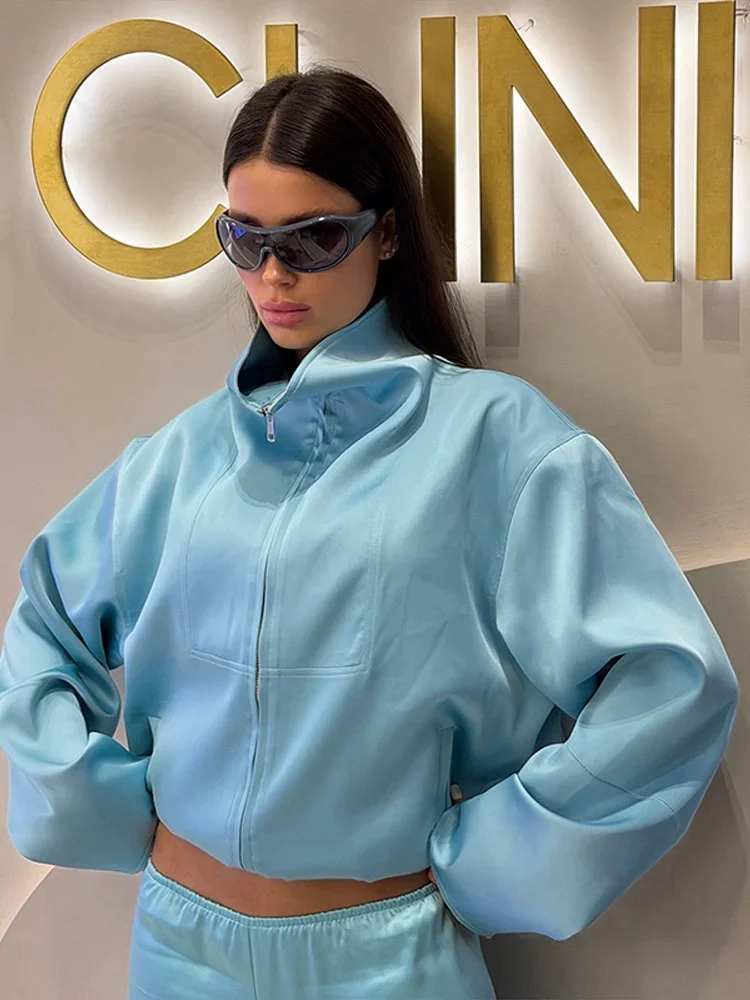 Herbst Damen Mintgrüner Satin 2-Teiliger Anzug Stehkragen Reißverschluss Vorne Lose Langarm-Bluse Weite Hose Urlaubs-Matching-Anzug – Detail 8