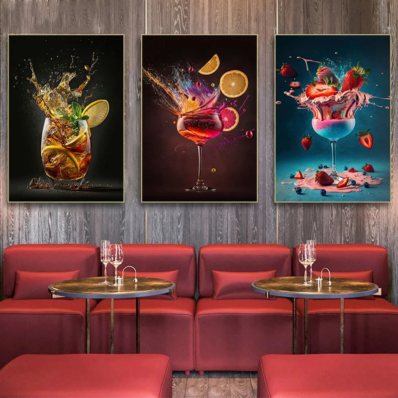 Retro Cocktail Explosion Canvas Painting, Whiskey, Iced Juice, Ice Tea Drinks, Posters Prints,Club, Restaurant, Bar, Home Decor