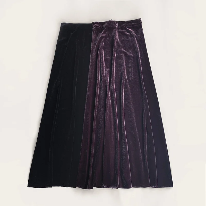 Withered Velvet Floor Length Skirt, Viscose Silk Blend, Glossy Texture, Large Swing Skirt Woman Clothing Faldas Skirts