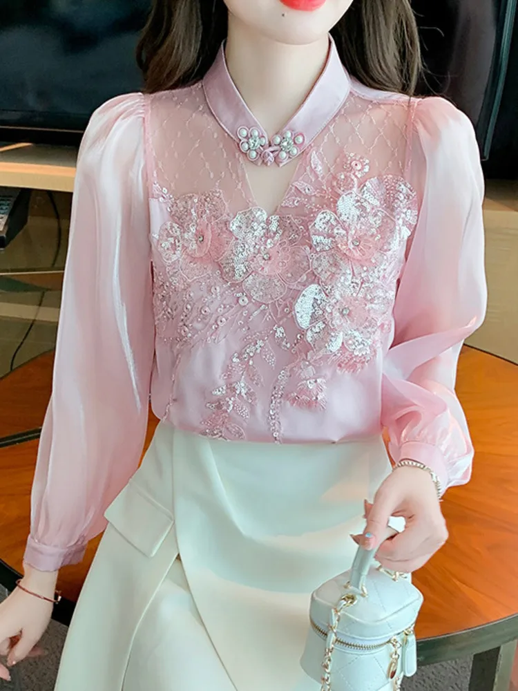 #2579 Pink Vintage Chiffon Blouse Women Stand Collar Hollow Out Sexy France Style Retro Sequined Flower Womens Tops And Blouses