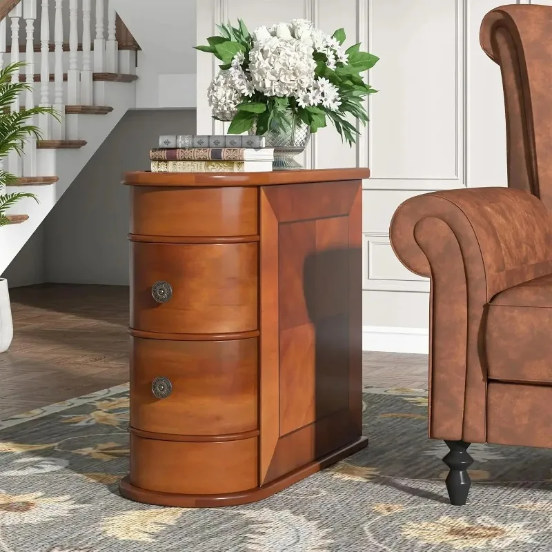 

Wood End Table Set of 2, Narrow Solid Side Table 2-Drawer Slim Chair Side Table, No Assembly Required, Finished Back,