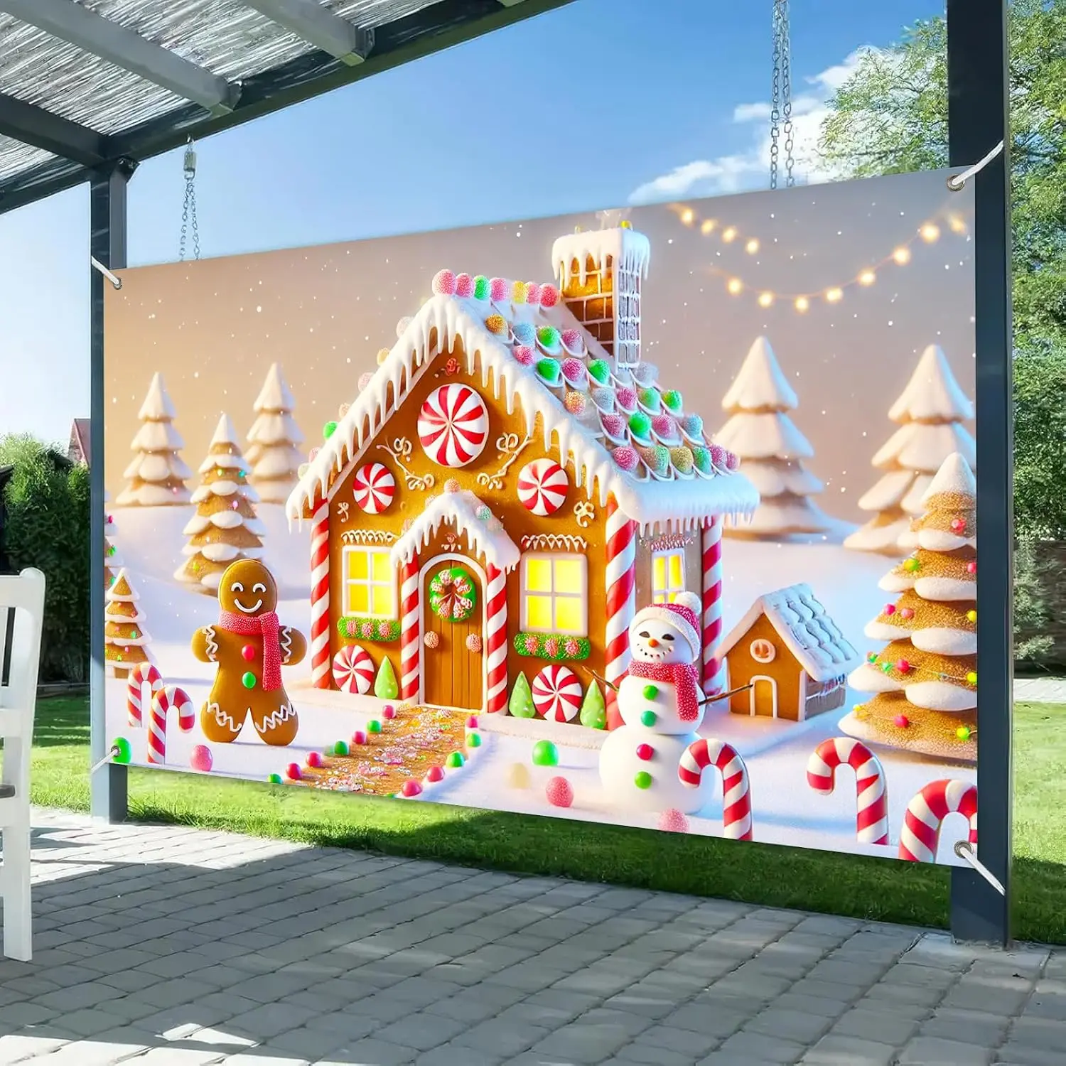 Gingerbread House Snowman Christmas Backdrop Banner, Candy Wonderland Gingerbread Man Holiday Party Wall Art Background Decor