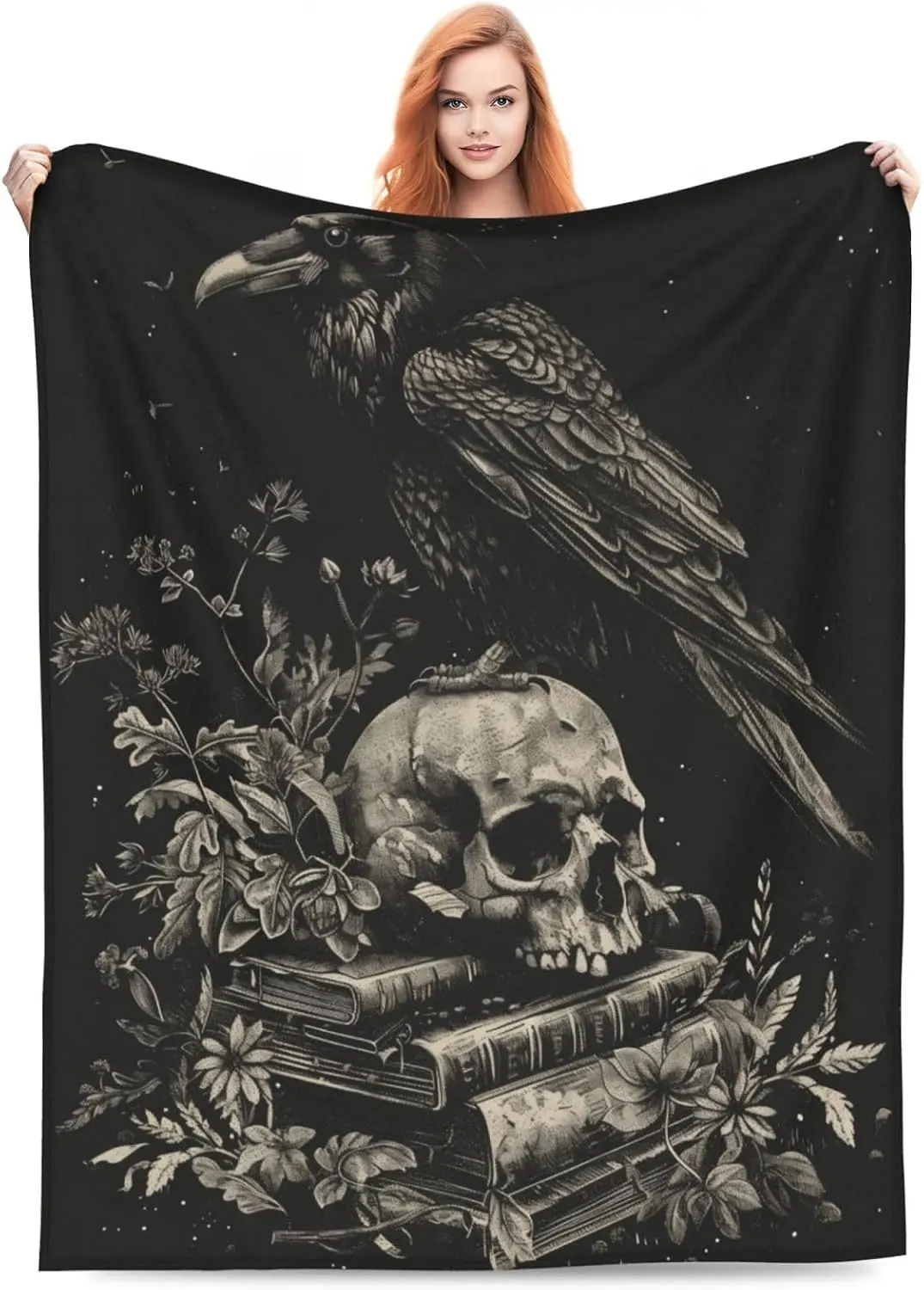 Raven and Skull Blanket Gifts for Women Men Adults Gothic Lovers, Goth Book Plush Fleece Throw Blankets, Cozy Soft Warm Bedding Decor for Sofa Living Room Travel 50