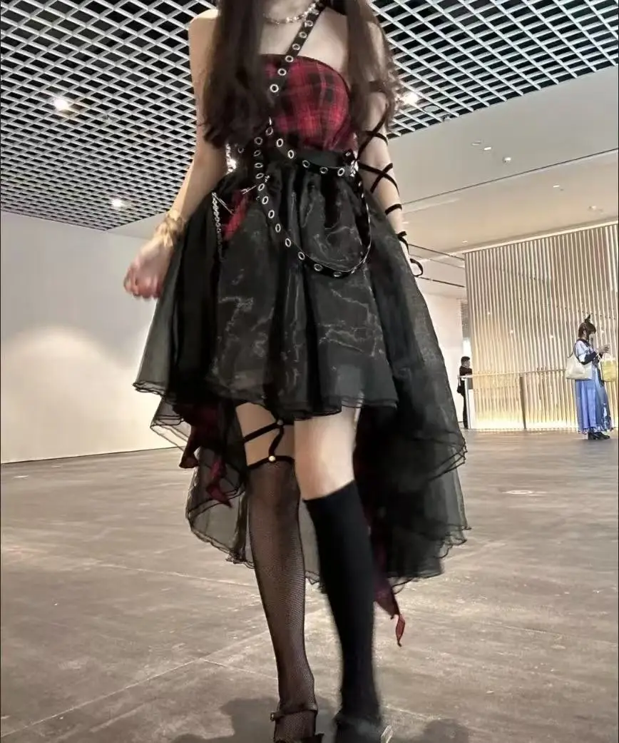 

Gothic Punk Irregular Vintage Plaid Strapless Dress + Mesh Patchwork Skirt Cool Girl 2 Pcs Sets Belt Binding Women Y2k Suits
