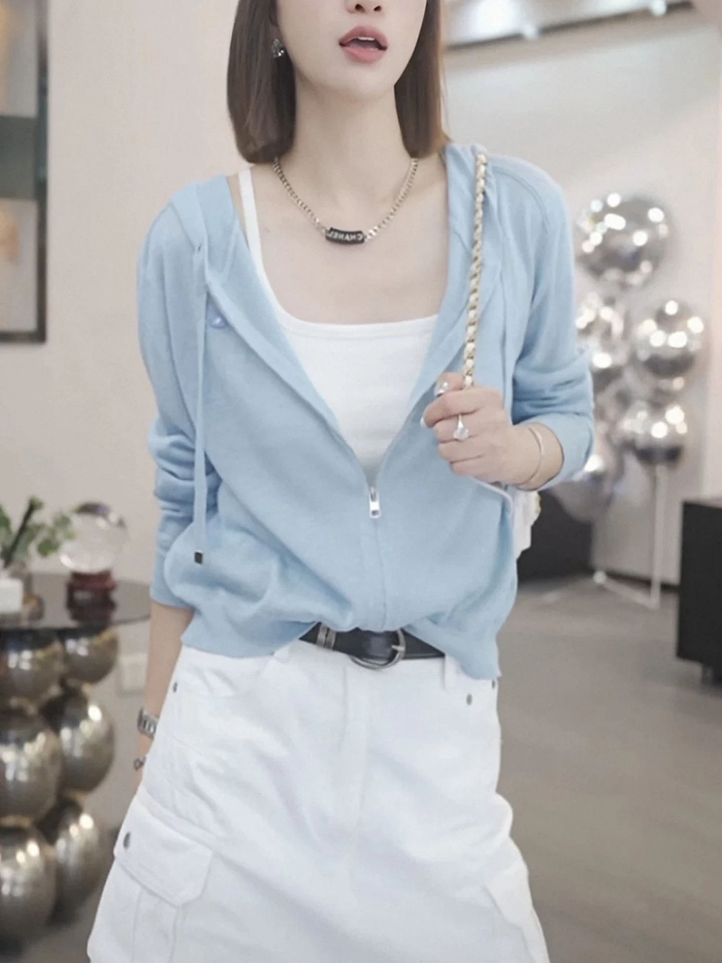 

Korean Style Soft Thin Hooded Zipper Sun Protection Shirt Women's Summer New Lazy Loose Soft T-Shirt Polyester Fiber Long Sleeve