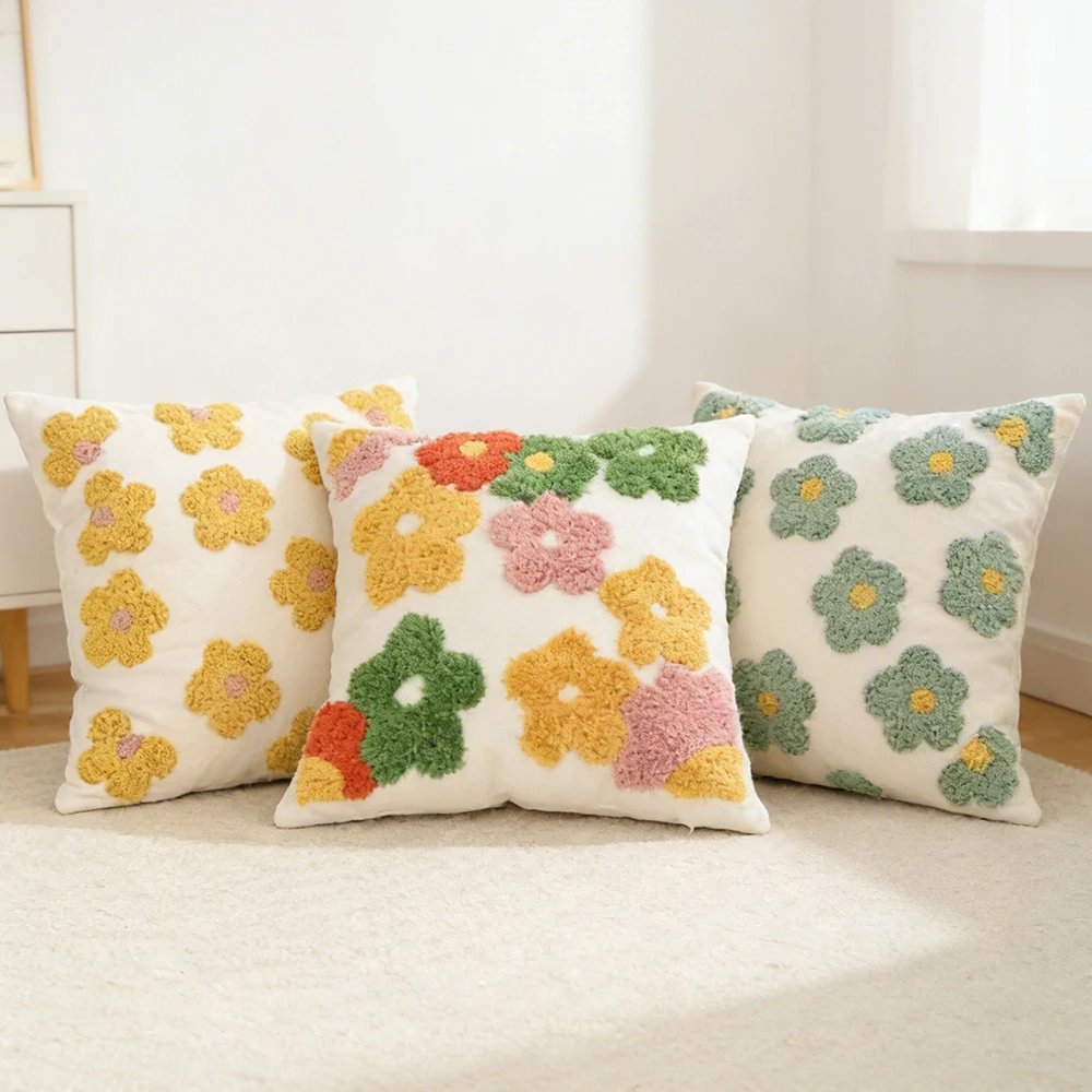 BUYNOW 1PC Tufted Technique Floral Cushion Covers Soft Decorative Flower Pillow Cases For Sofa Bed Living Room Bedroom Home Deco