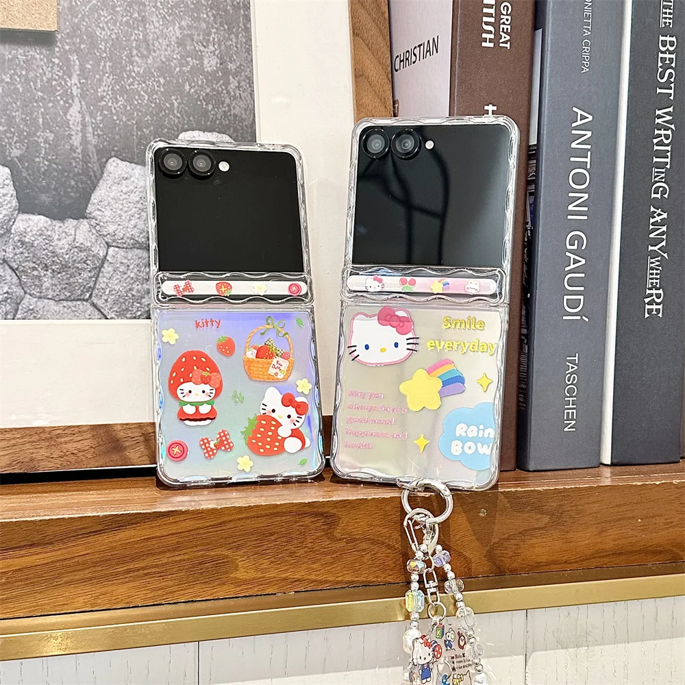 

Cute Strawberry Hellokitty Phone case for Samsung Galaxy Z Flip6 Flip 7 7FE Flip5 6 7 cover with Chain Korean Shockproof Fundas