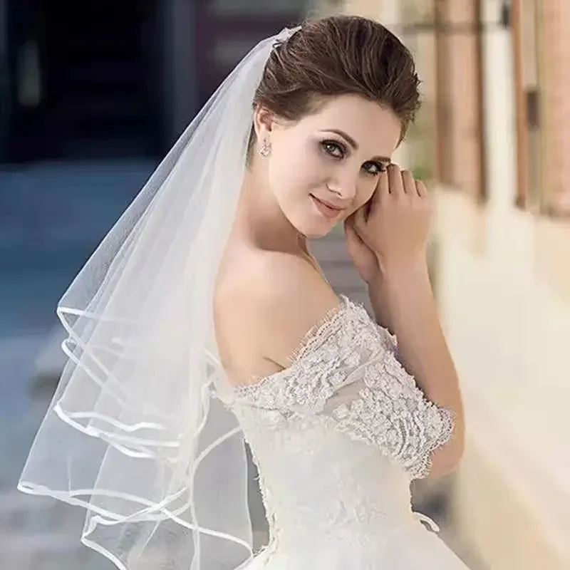Two Layer Veil with Comb Wedding Vail Solid Color Soft Tulle Veil Short White Ivory Woman Bridal Veils Veu De Noiva Curto