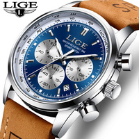 LIGE Sport Men's Watches Luminous Waterproof Leather Men Watch Chronograph Date Military Quartz Man Wristwatch Gift with Box