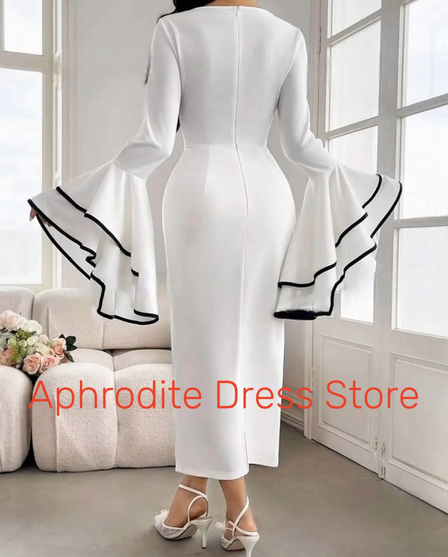 Abiti da sera personalizzati con maniche svasate in jersey di alta qualità Abito da ballo moderno con maniche lunghe con scollo a V Festa su misura D