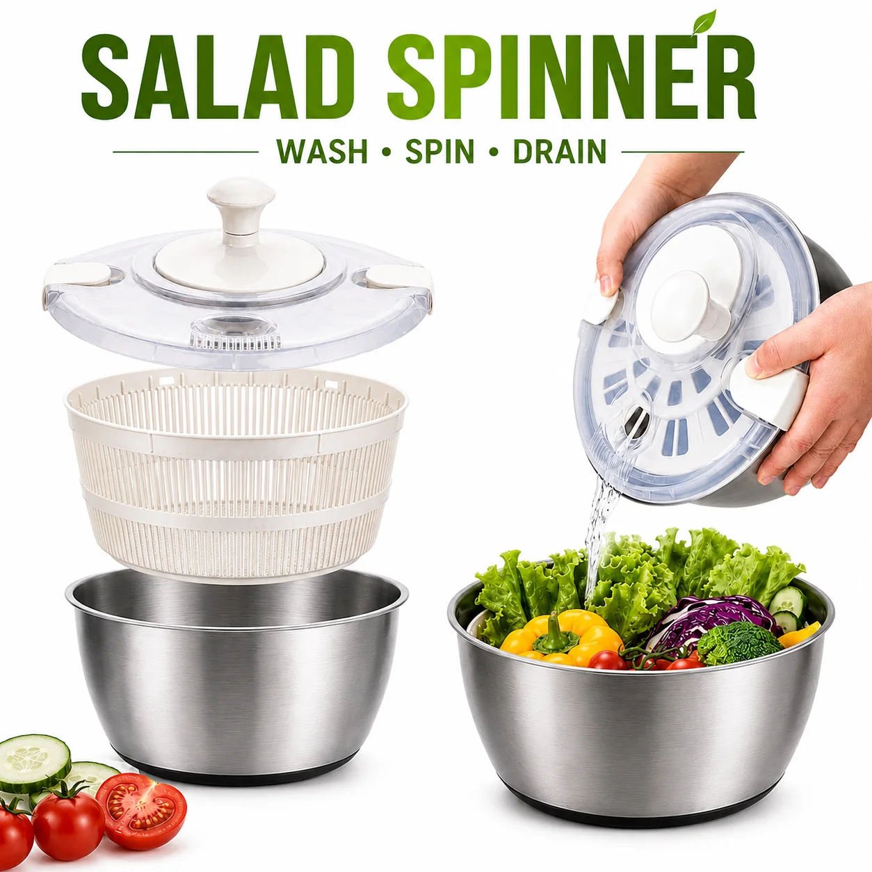 5L Stainless Steel Salad Spinner Large Lettuce Washer And Dryer Vegetable Quick Spin Drain Bowl Kitchen Cooking Prep Gadgets
