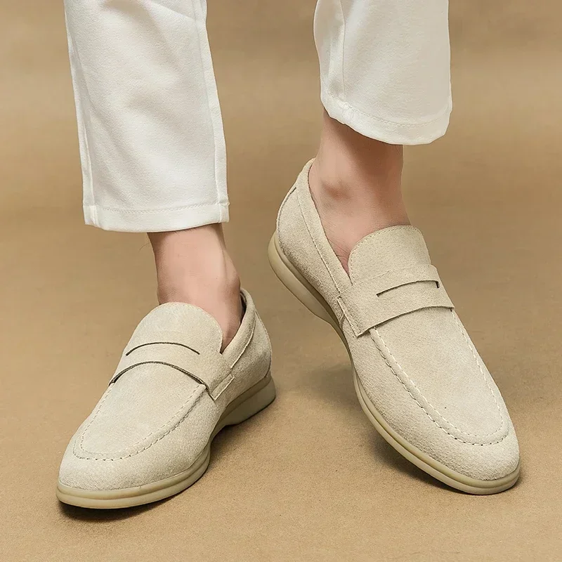 Luxury Men's Loafers Soft Sole Casual Shoes Comfortable Flat Beige Business Shoes Moccasins Suede Leather Slip on Shoes for Men