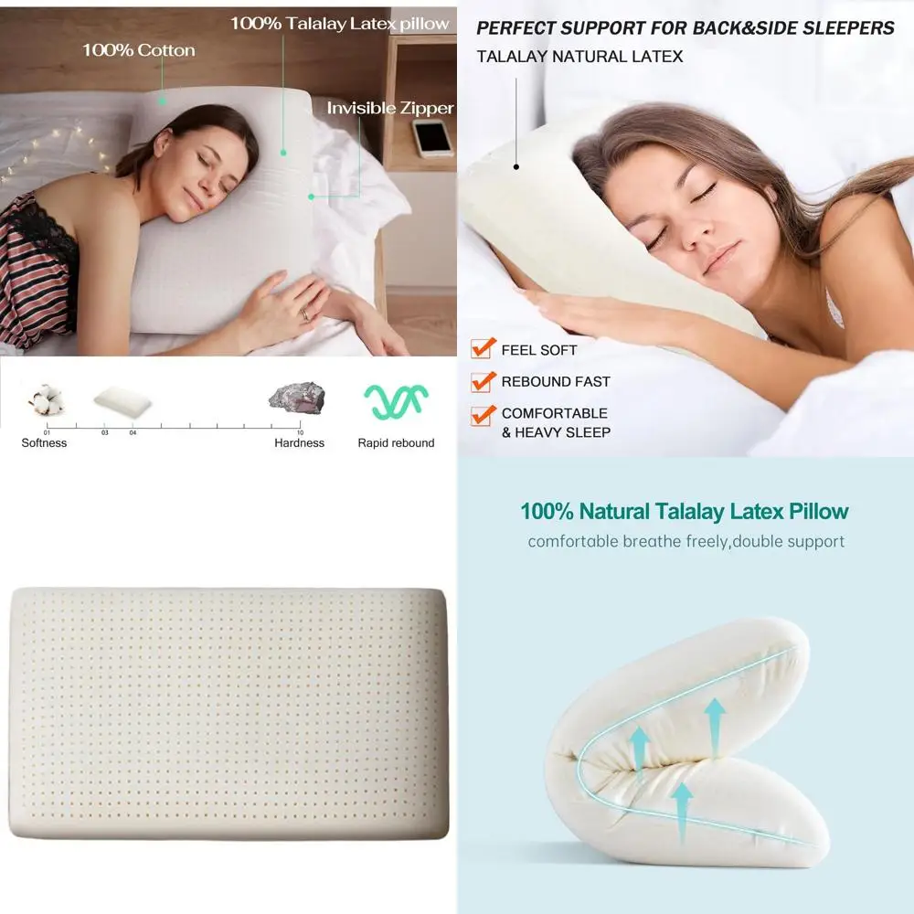 

100% Natural Premium Latex Pillow, Queen Size with Removable Cotton Cover, Ergonomic Support for Back and Side Sleepers, Travel-