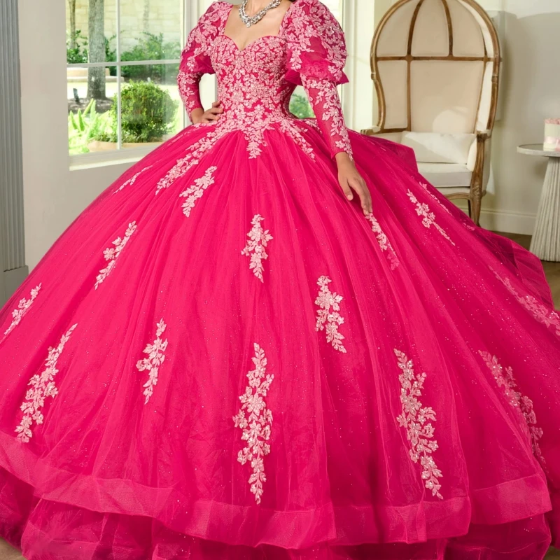 Urocza jakość Fuchia Sukienki Quinceanera z długim rękawem Koronkowa aplikacja Gorset Suknia balowa Kobiety Ślub Impreza Prom Sweet 15 16