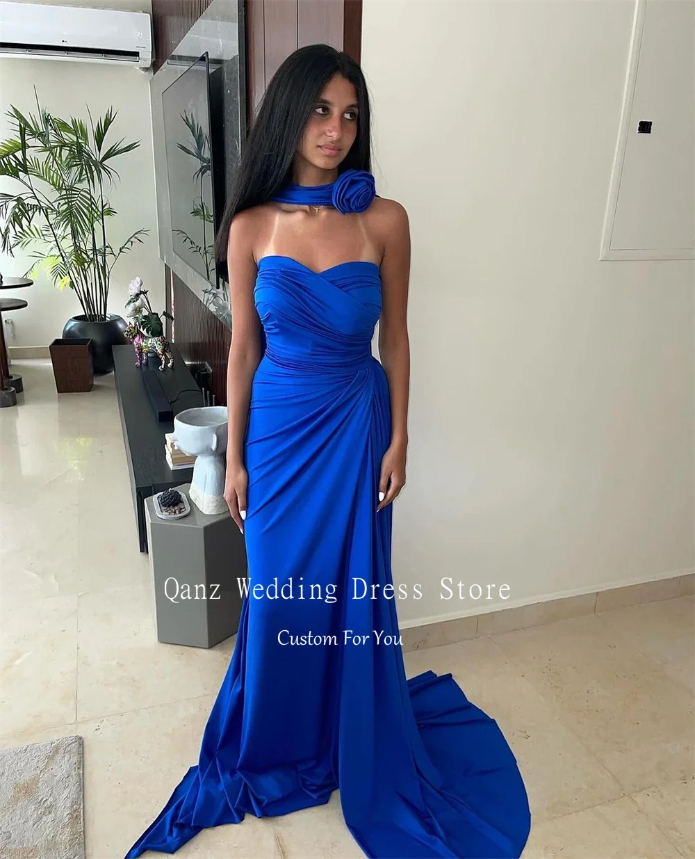 Qanz Sexy Mermaid Evening Dresses Strapless Royal Blue Satin Lace Up Back Vestidos De Festa Long Party Prom Dresses Customized