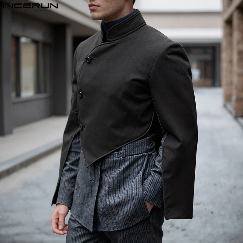 

INCERUN Men Jackets Solid Stand Collar Long Style Casual Irregular Coats Men Cloak Cape Streeetwear 2025 Fashion Male Jackets