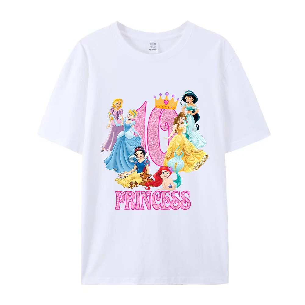 Disney Princess Girls Clothes Short Sleeve Tops Birthday Party T-shirt Number 1-10 Cartoon Printed Tee White Base Tshirt Gifts