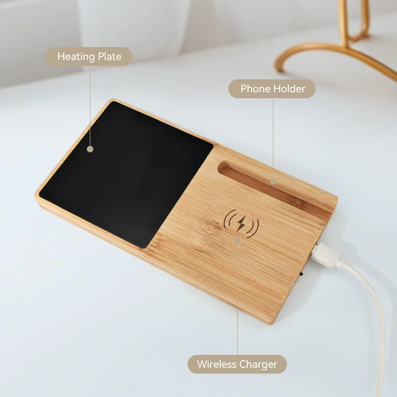 Bamboo 2-in-1 Mug Self-heating Rack Coffee Mat Wooden Usb Mobile Stand and Cup Heater Electric Wireless Charger with Video